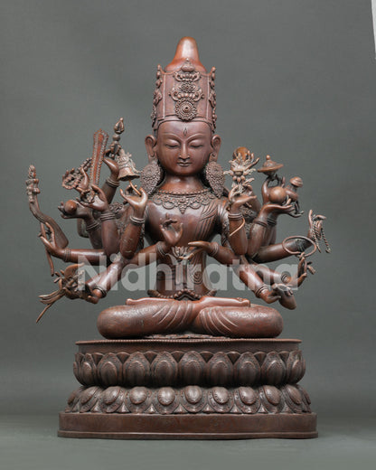 Front view of 18-Armed Chundi statue, hand-cast oxidized copper Juntei Kannon from Nepal