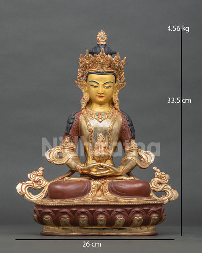 Front view of 24K gold fire-gilded Amitayus copper statue from Nepal for meditation