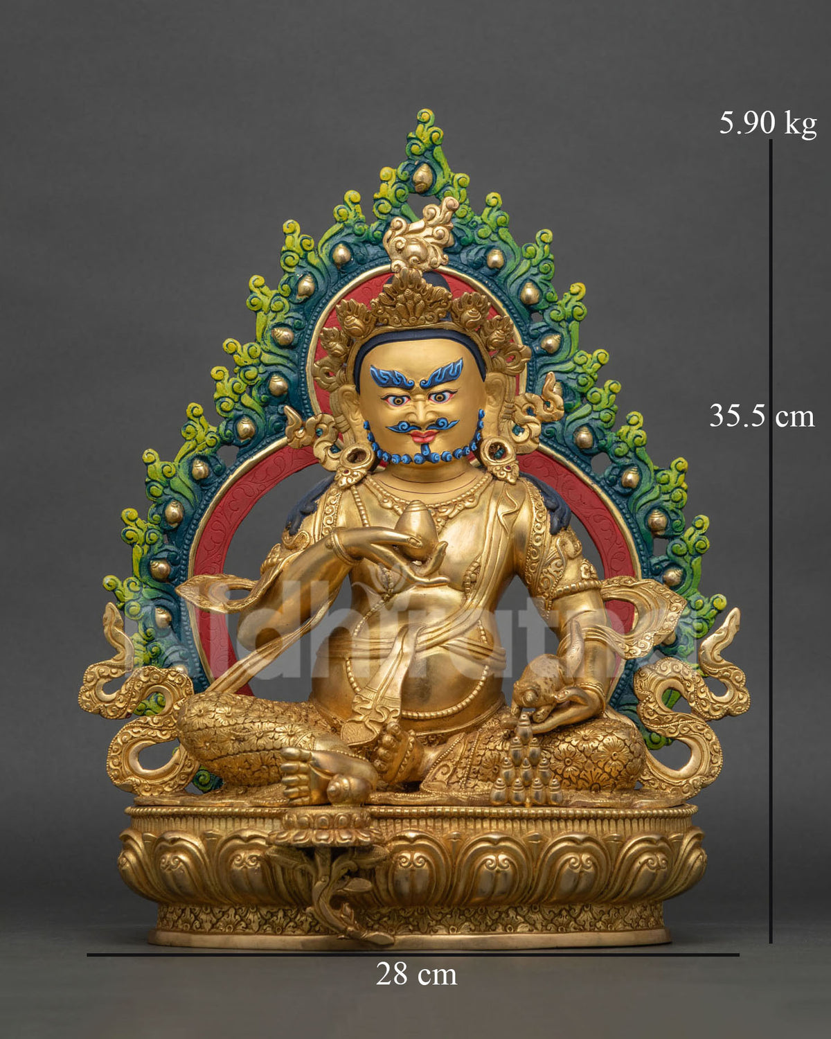 Front view of 24K gold fire-gilded handmade Nepal Yellow Dzambhala statue on lotus base.