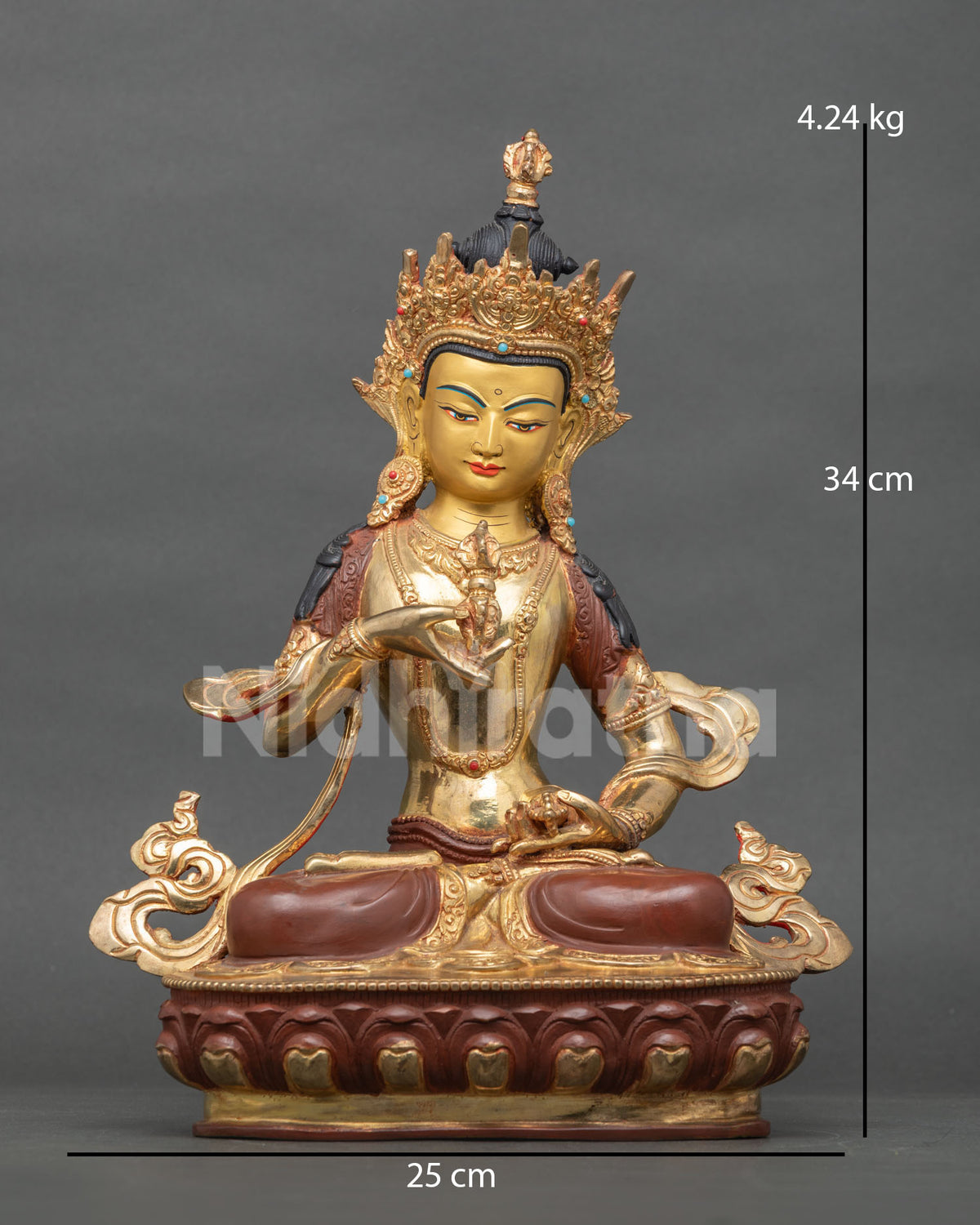 Front view of 24K gold fire-gilded Vajrasattva copper statue from Nepal for meditation