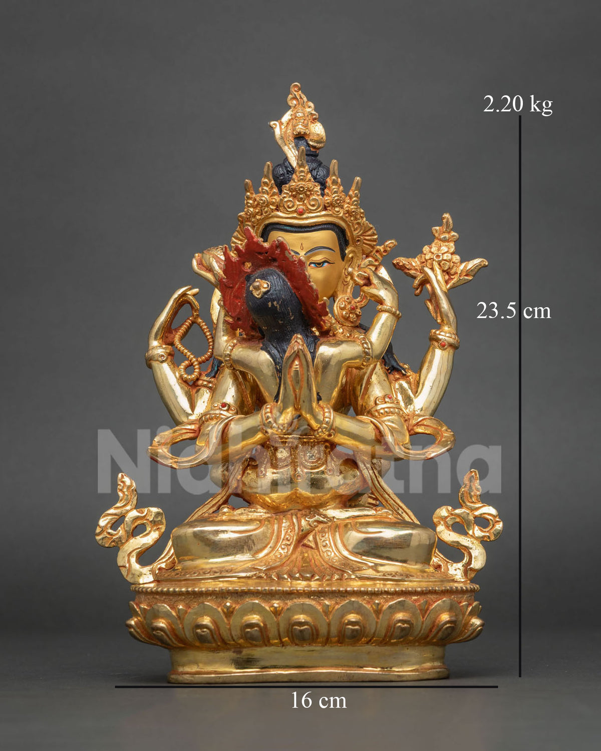 Front view of 24K gold Four-Armed Chenrezig Yab-Yum statue handcrafted in Nepal