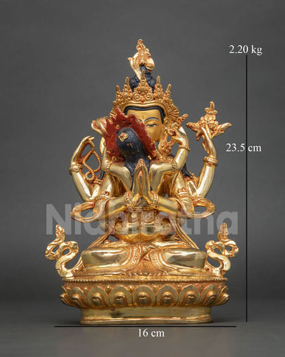 Front view of 24K gold Four-Armed Chenrezig Yab-Yum statue handcrafted in Nepal