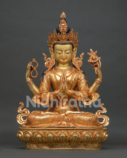 Front view of 24K gold-gilded Chenrezig statue, four-armed Avalokiteshvara copper statue from Nepal