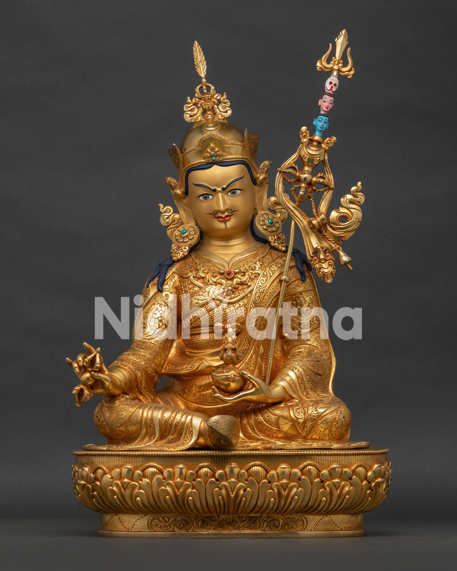 Front view of 24K gold gilded Guru Rinpoche Padmasambhava statue handcrafted in Nepal.