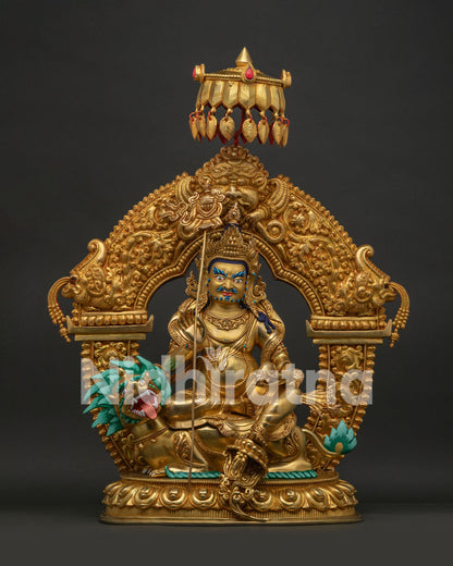 Front view of 24K gold-gilded Vaisravana Namtoshe statue seated on a snow lion, Nepalese copper art
