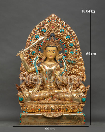Front view of 25 inch Manjushri statue in 24K gold fire-gilded copper with jeweled floral halo