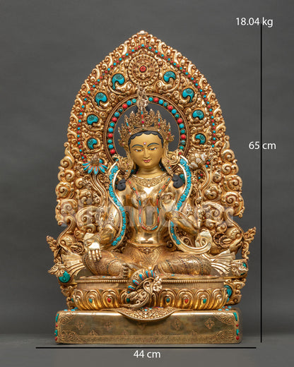 Front view of 65 cm Green Tara statue in 24K gold fire-gilded copper with jeweled floral halo