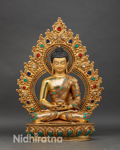 Front view of Amitabha Buddha statue, copper and 24K gold fire-gilded Nepalese art