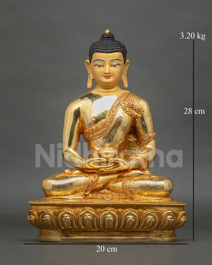 Front view of Amitabha Buddha Statue handcrafted by skilled Newari artisans from Patan, Nepal, with 24K gold fire-gilding