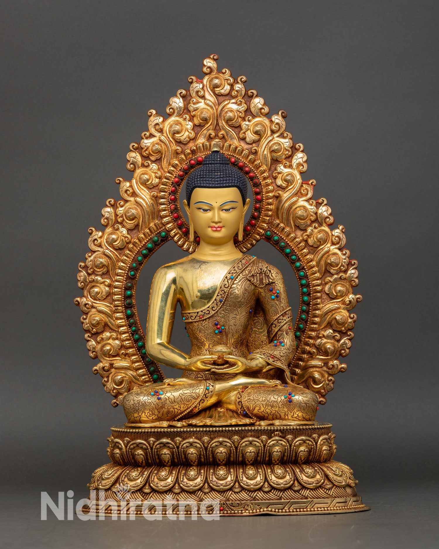 front view of amitabha buddha statue, handcrafted copper and gold fire-gilded artwork