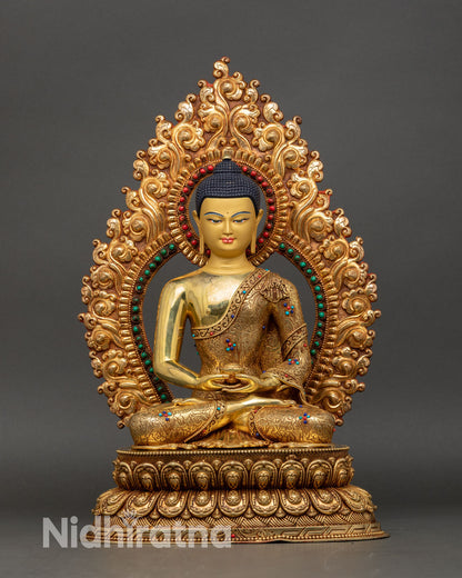front view of amitabha buddha statue, handcrafted copper and gold fire-gilded artwork