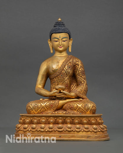 Front view of Amitabha Buddha statue handcrafted in Nepal with copper body fire gilded gold finish and lotus meditation throne