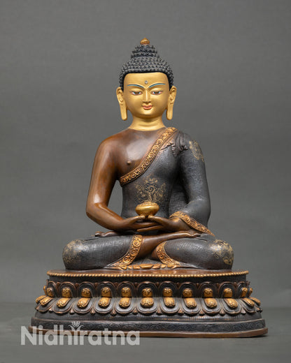 Front view of Amitabha Buddha statue, handcrafted in Nepal with a copper body, oxidized gold gilded finish, gold-painted face, and lotus seat meditation posture