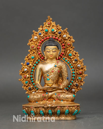 Front view of Amitabha Buddha statue, handmade from copper with gold finish on a lotus pedestal.