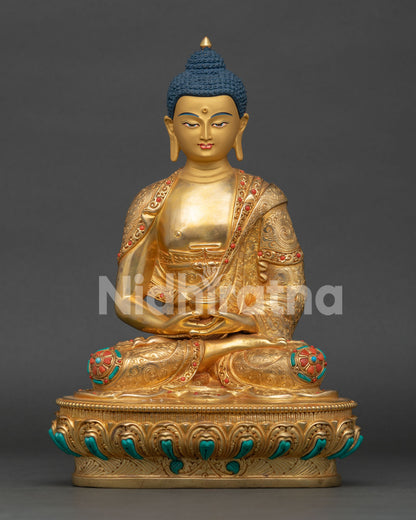 Front view of Amitabha Buddha Statue seated on lotus throne in Dhyana Mudra with intricate Himalayan craftsmanship