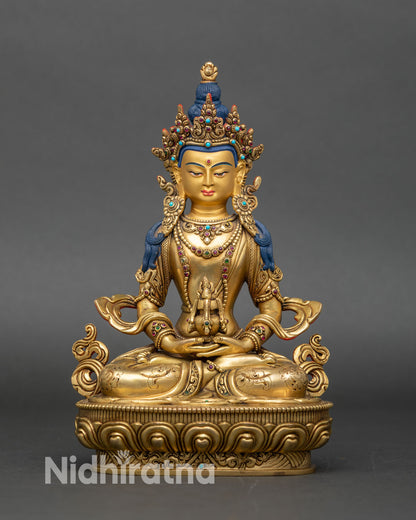 Front view of Amitayus Bodhisattva statue, copper and 24K gold fire-gilded artwork