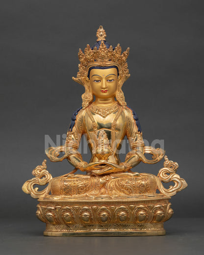 Front view of Amitayus Buddhist statue with 24K gold gilding and longevity vase Nepal