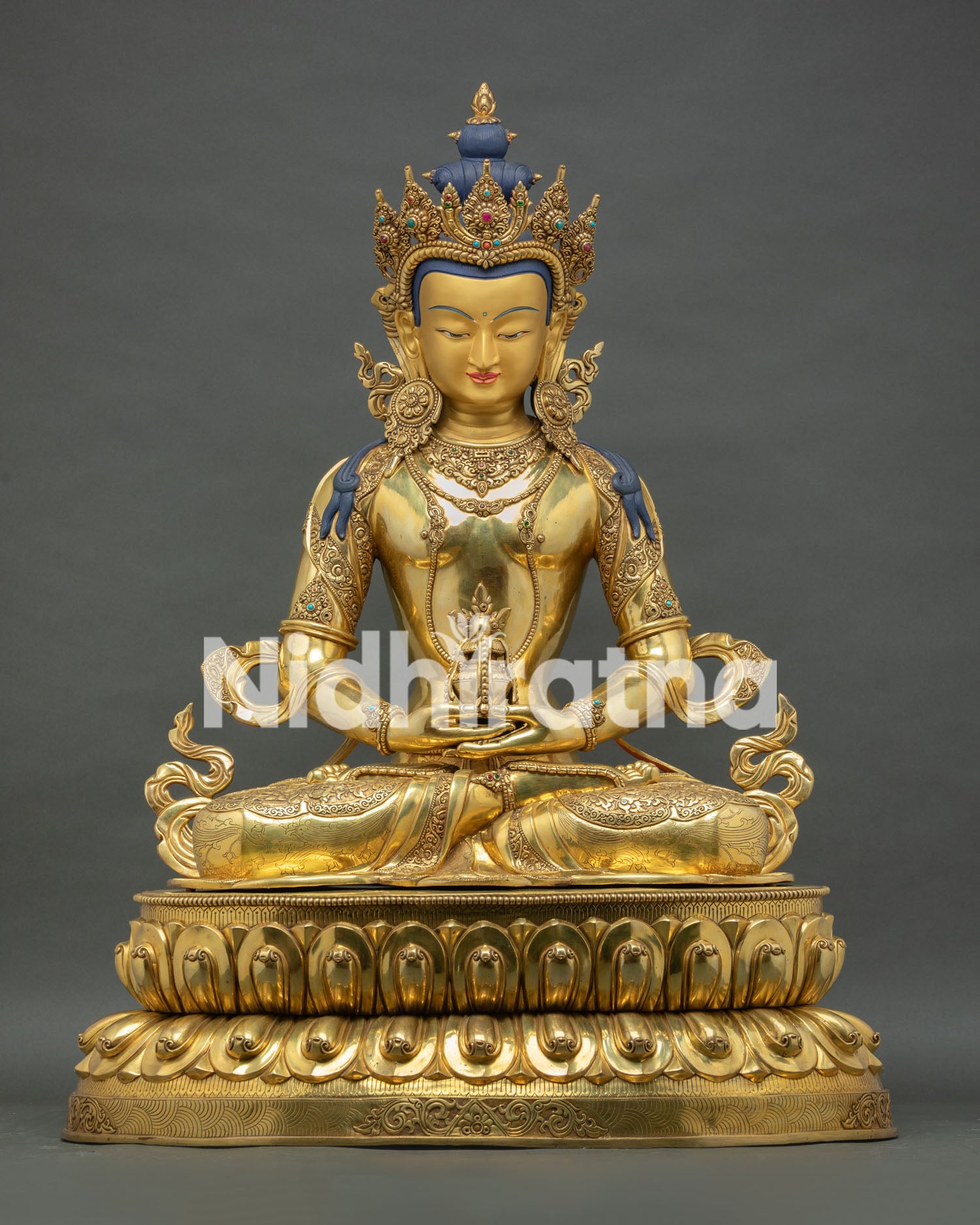 front view of amitayus statue, copper body with 24k gold fire gilding, nepalese newari craftsmanship
