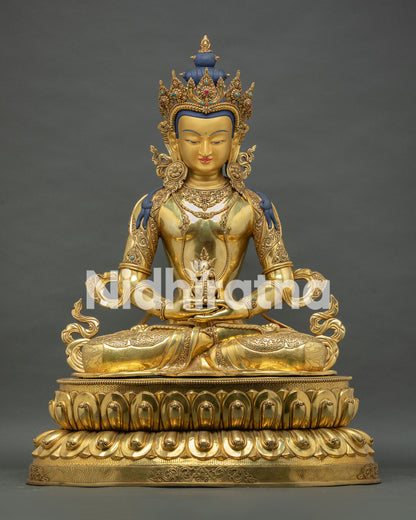 front view of amitayus statue, copper body with 24k gold fire gilding, nepalese newari craftsmanship