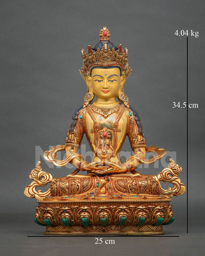Front view of Amitayus Statue handcrafted in Patan Nepal with 24K gold fire-gilding and five-jewel crown.
