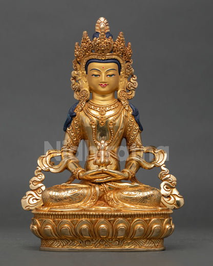 front view of amitayus statue handmade copper lost wax buddhist sculpture for altar and meditation
