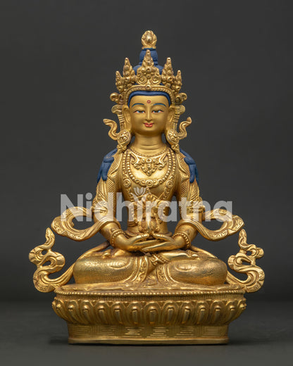 Front view of Amitayus Statue with gold fire gilded copper and gold painted face