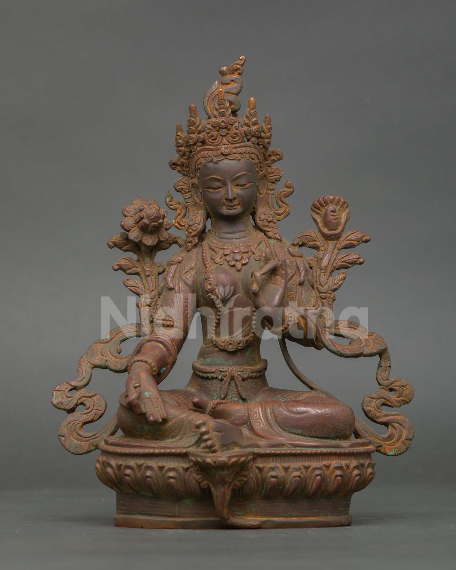 Front view of antique finish green tara statue, oxidized copper buddhist sculpture from nepal