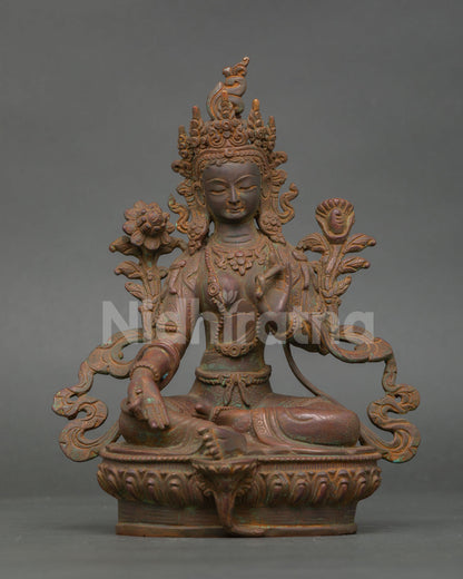Front view of antique finish green tara statue, oxidized copper buddhist sculpture from nepal
