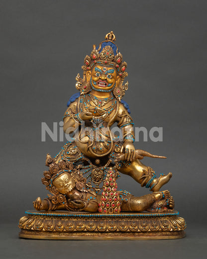 Front view of Black Dzambhala Statue, handcrafted copper Buddhist wealth deity from Nepal