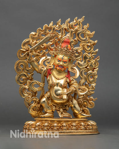 Front view of Black Manjushri statue, copper and gold fire-gilded, Kathmandu craftsmanship