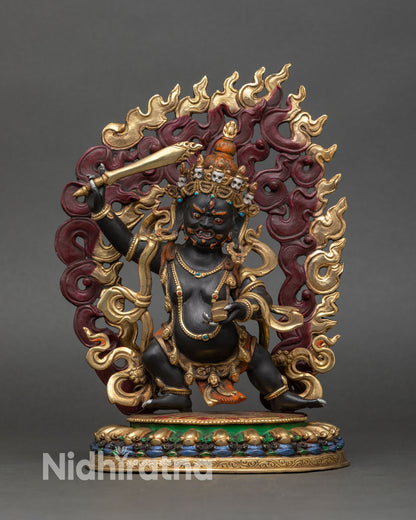 Front view of Black Manjushri Statue, handcrafted copper with gold-gilded finish