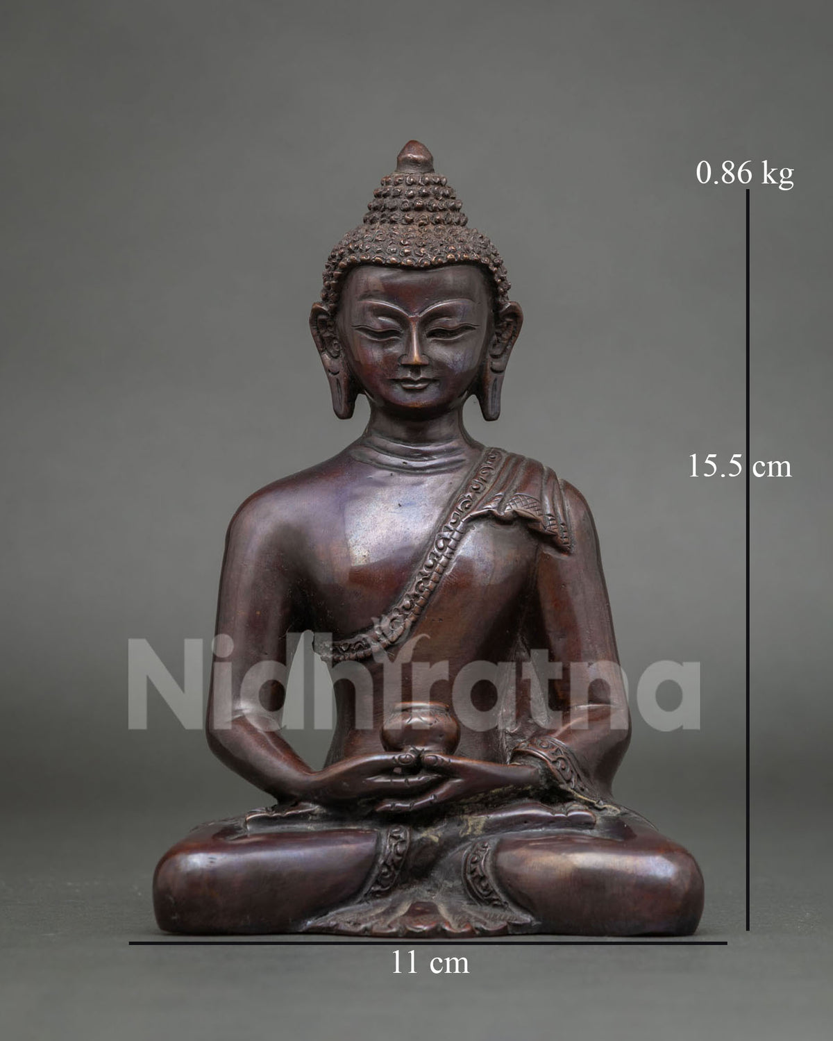 Front view of brown oxidized copper Amitabha Buddha statue in dhyana mudra from Nepal