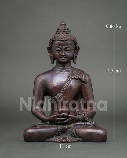 Front view of brown oxidized copper Amitabha Buddha statue in dhyana mudra from Nepal
