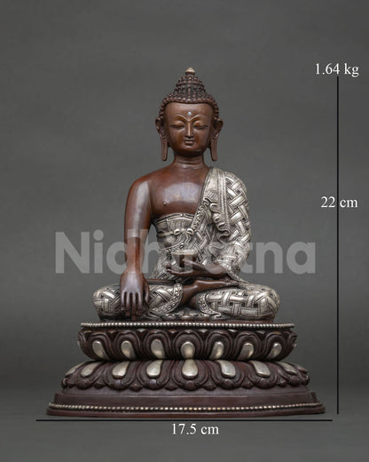 Front view of chemically oxidized shakyamuni buddha statue on hand carved double lotus pedestal.
