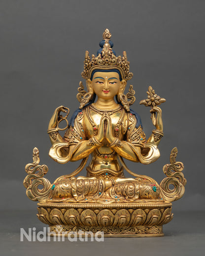 Front view of Chenrezig four armed bodhisattva statue, 24K gold gilded copper, wish fulfilling jewel and serene compassionate face