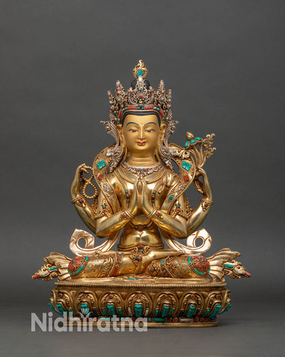 Front view of Chenrezig Statue, copper with fire-gilded gold and lotus pedestal