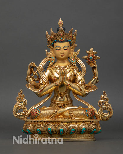 Front view of Chenrezig statue four armed Avalokiteshvara copper 24K gold gilded Nepal