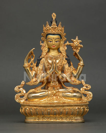 Front view of Chenrezig statue, handcrafted in copper with 24K gold detailing and a gold-painted face, symbolizing compassion and peace.