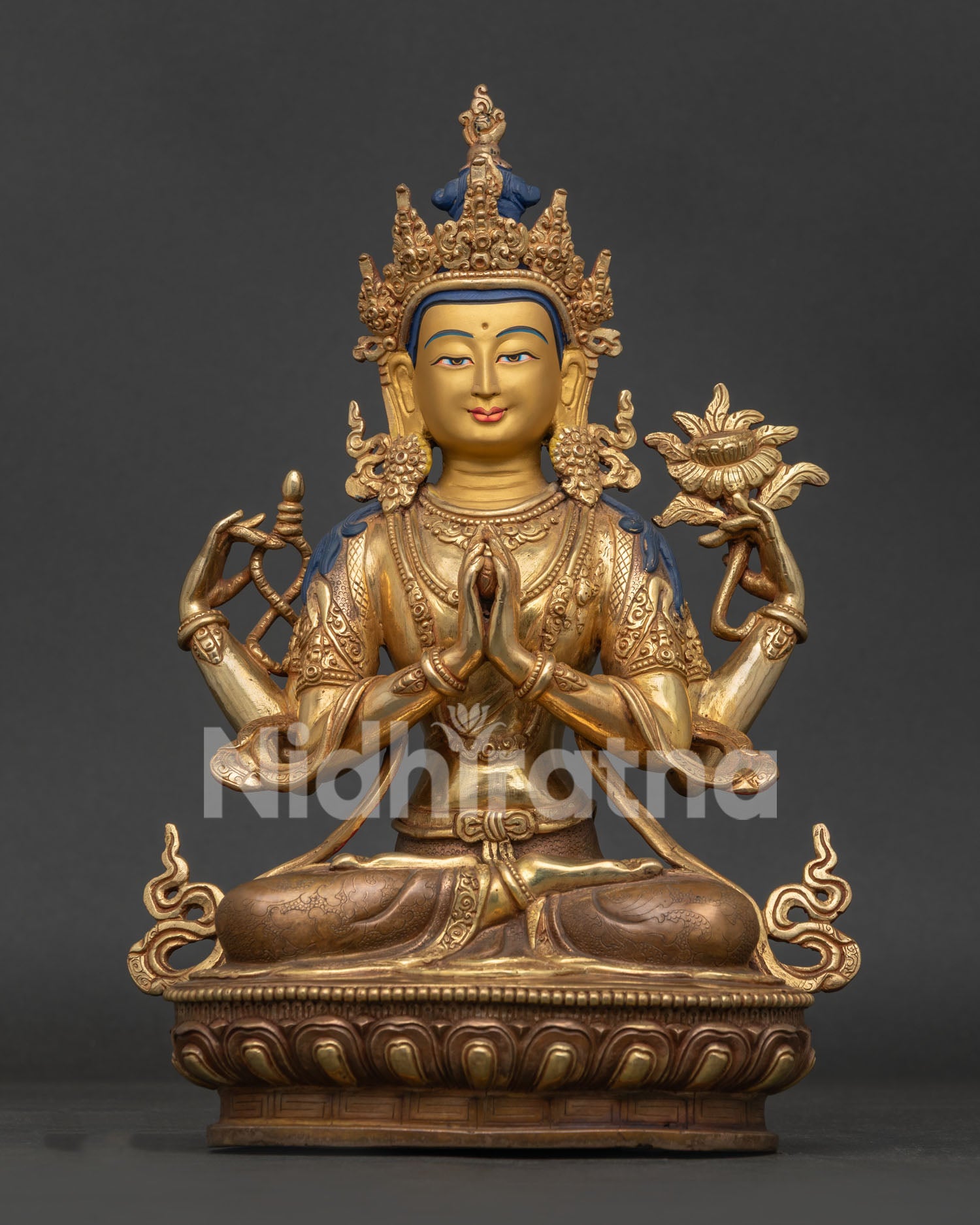 Front View of Chenrezig Statue with 24K Gold Detailing and Lotus Pedestal