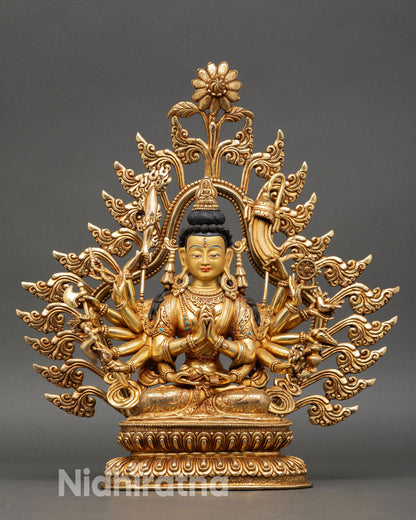 Front view of Chundi Devi statue copper 24K gold painted face lotus throne eighteen arms