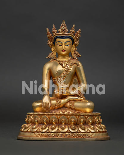 Front View of Compact Shakyamuni Buddha Statue with Gold Fire Gilding from Nepal