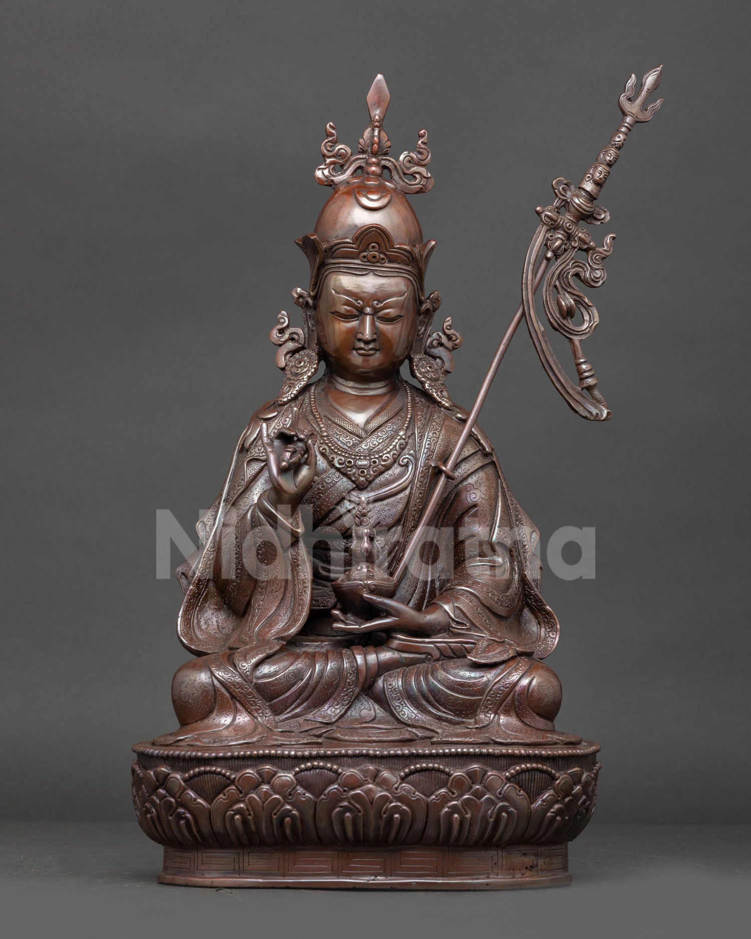 Front view of copper Guru Tsokye Dorje statue, Padmasambhava manifestation for Buddhist altar.