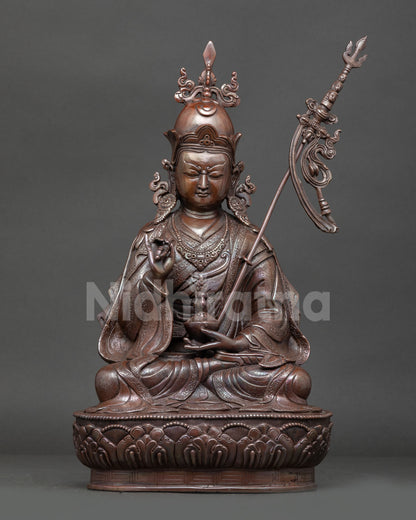 Front view of copper Guru Tsokye Dorje statue, Padmasambhava manifestation for Buddhist altar.