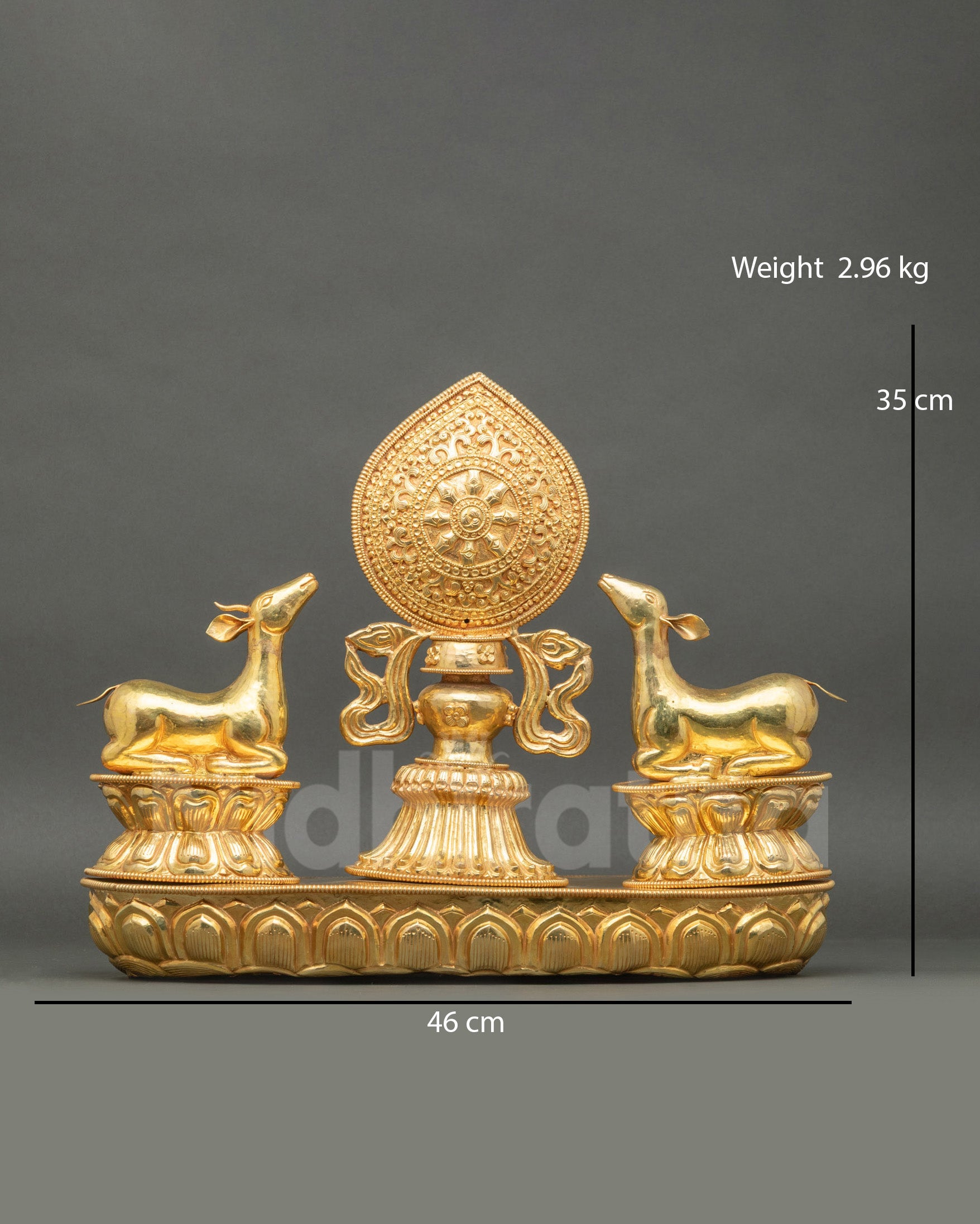 Front view of Dharma Wheel with Two Deer handcrafted Nepalese copper gold plated