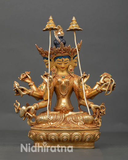Front view of Dhoja Devi statue handcrafted Nepalese copper sculpture with three faced eight armed deity for spiritual altar decor