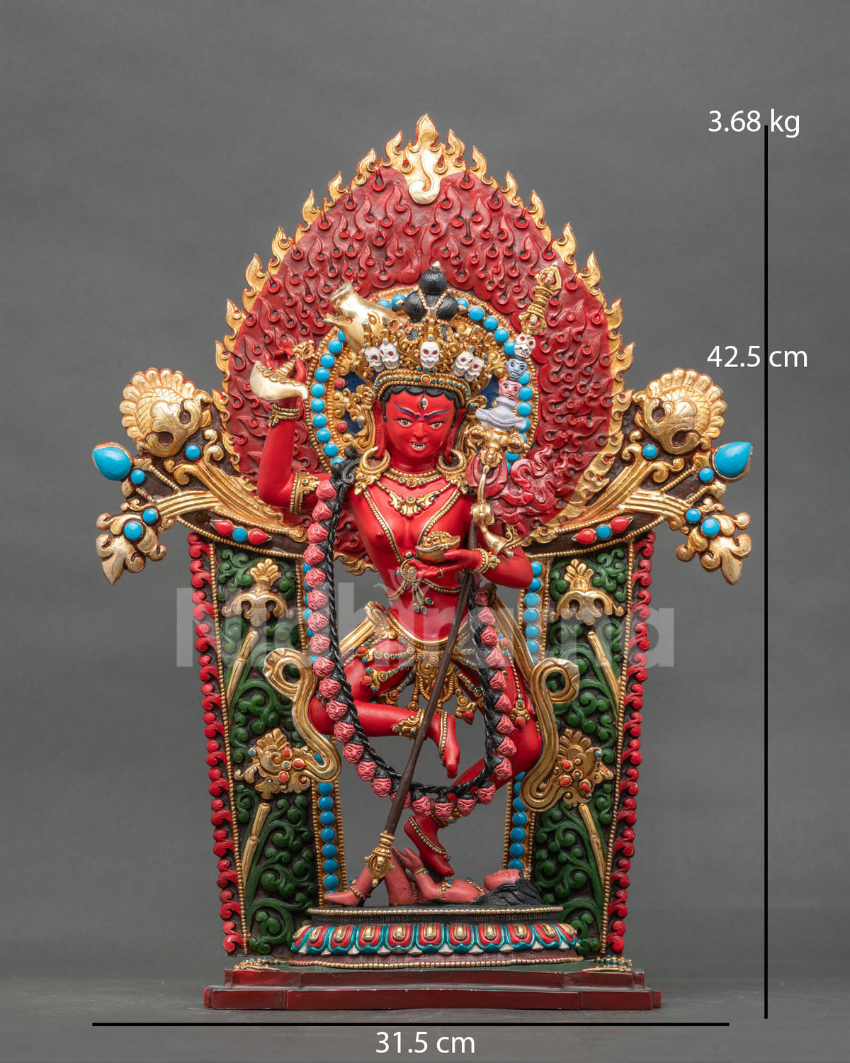 Front view of Dorje Phagmo statue, 42.5 cm tall, 3.68 kg, hand-painted copper with blazing halo, Nepal