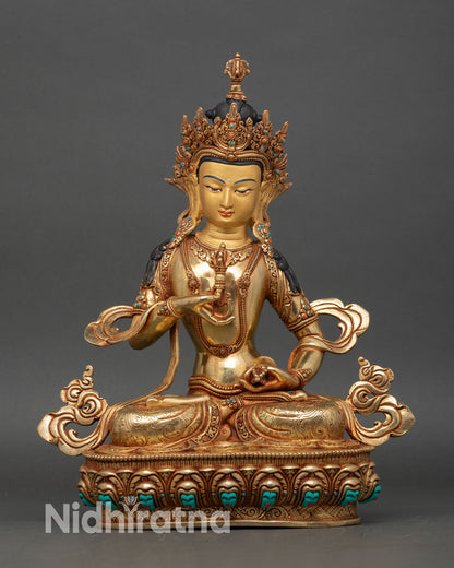 Front view of Dorje Sempa Vajrasattva statue, handcrafted copper and fire-gilded gold