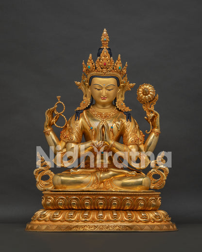 Front view of four armed Avalokiteshvara Chenrezig copper statue with 24K gold gilding from Nepal