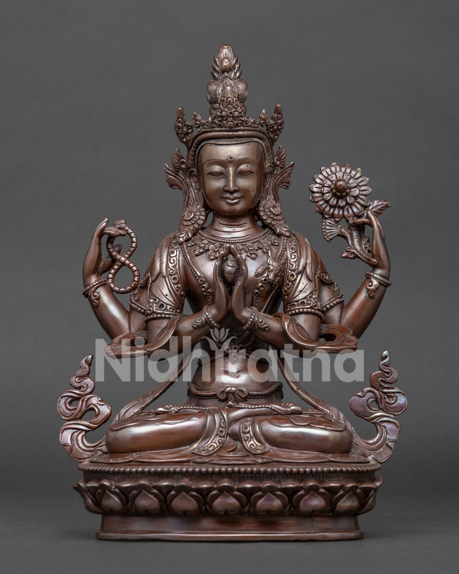 Front view of four armed Chenrezig statue, handcrafted by Newari artisans in Nepal