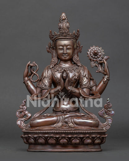 Front view of four armed Chenrezig statue, handcrafted by Newari artisans in Nepal